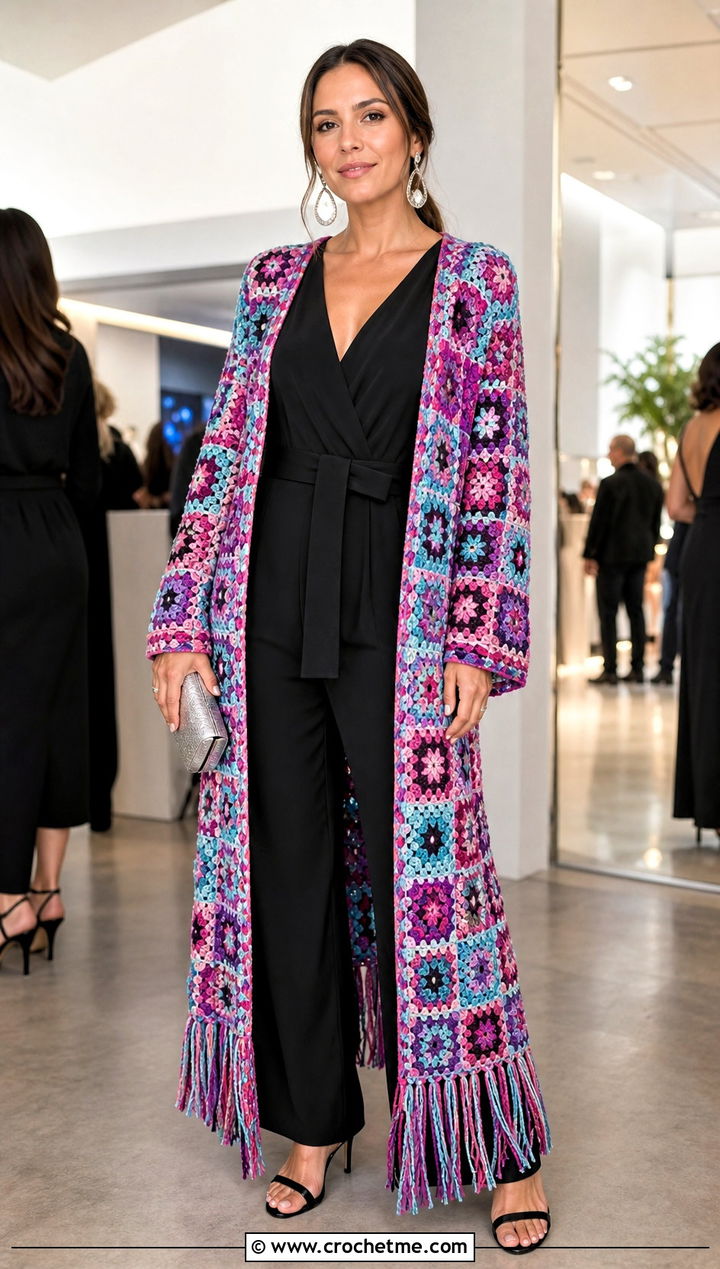 Patchwork Granny Square Fringe Duster With Black Jumpsuit - 15 long crochet vest with fringe outfit ideas