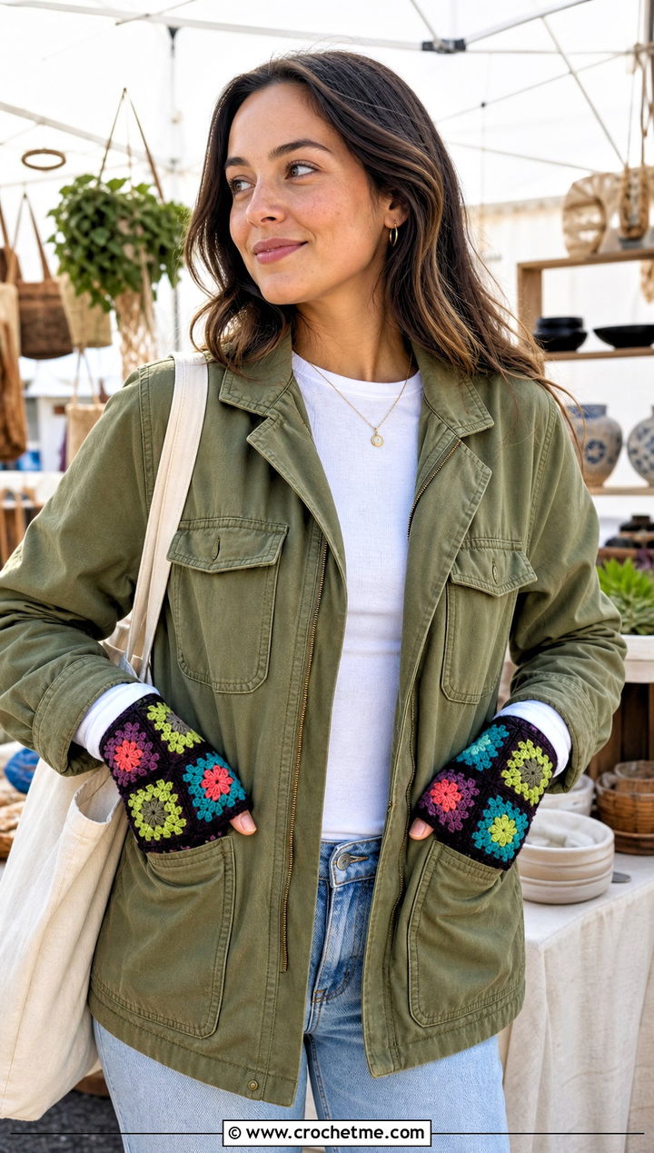 Patchwork Granny Square Gloves With Utility Jacket - 20 Fingerless Granny Square Gloves outfit ideas