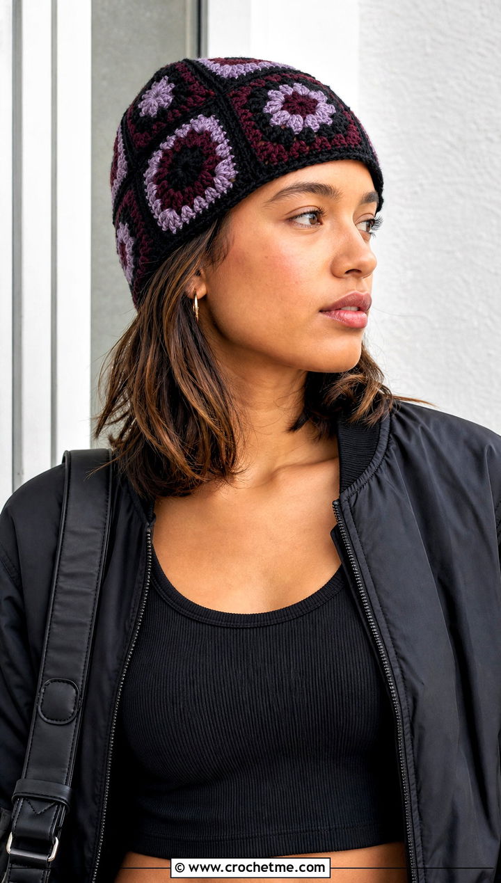 Patchwork Granny Square Hat With Cargo Pants - 25 Easy Crochet Granny Square Hats outfit ideas