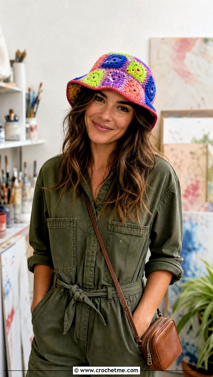Patchwork Granny Square Hat With Utility Jumpsuit And Sneakers - 30 crochet granny stitch hat outfit ideas