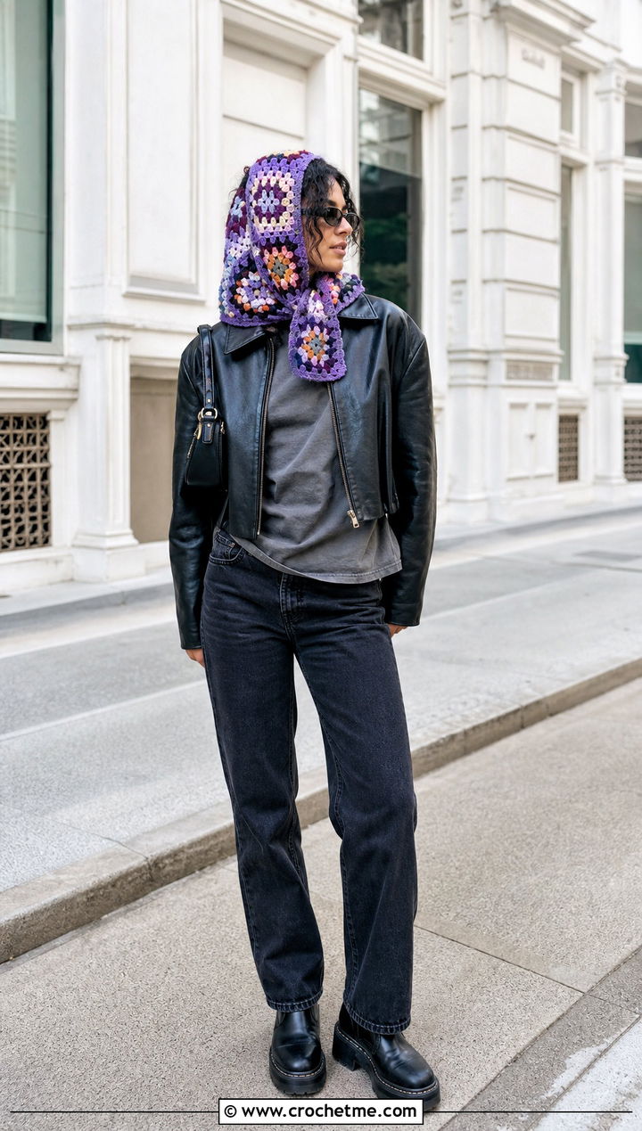Patchwork Granny Square Head Scarf With Leather Jacket And Black Jeans - 35 granny square head scarf outfit ideas