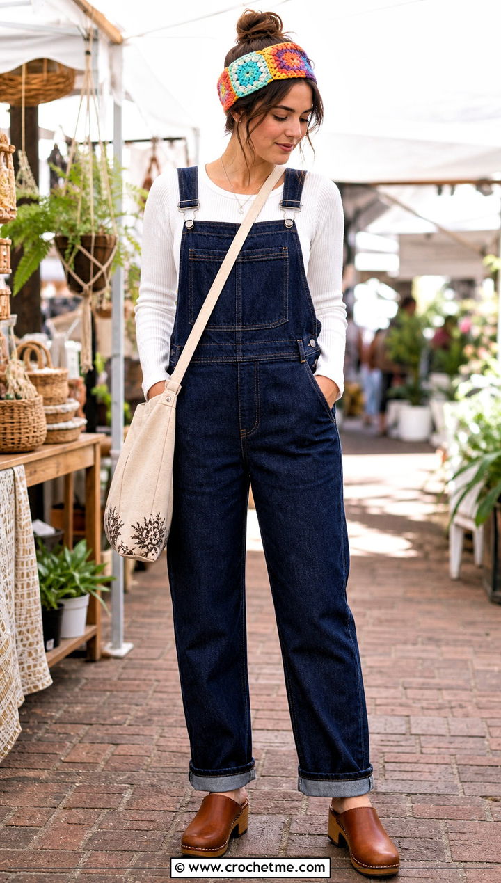 Patchwork Granny Square Headband With Denim Overalls - 35 granny square headband outfit ideas