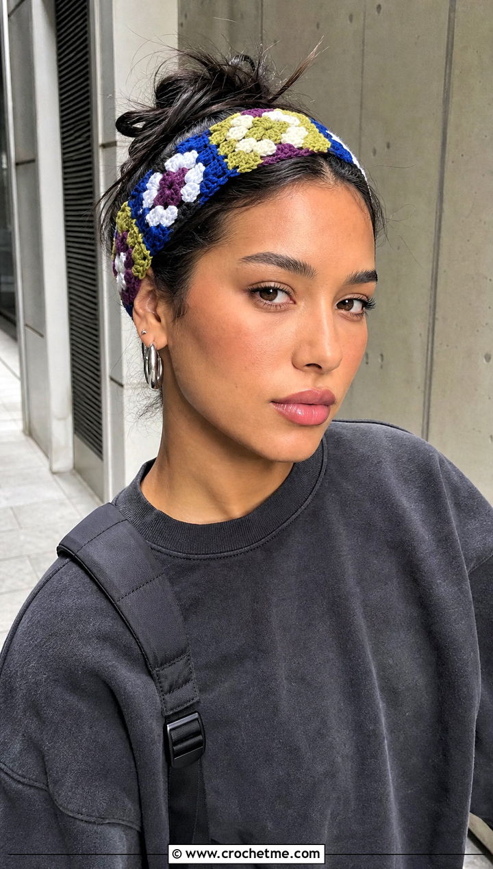 Patchwork Granny Square Headband With Streetwear - 15 Crochet Granny Square Headband outfit ideas