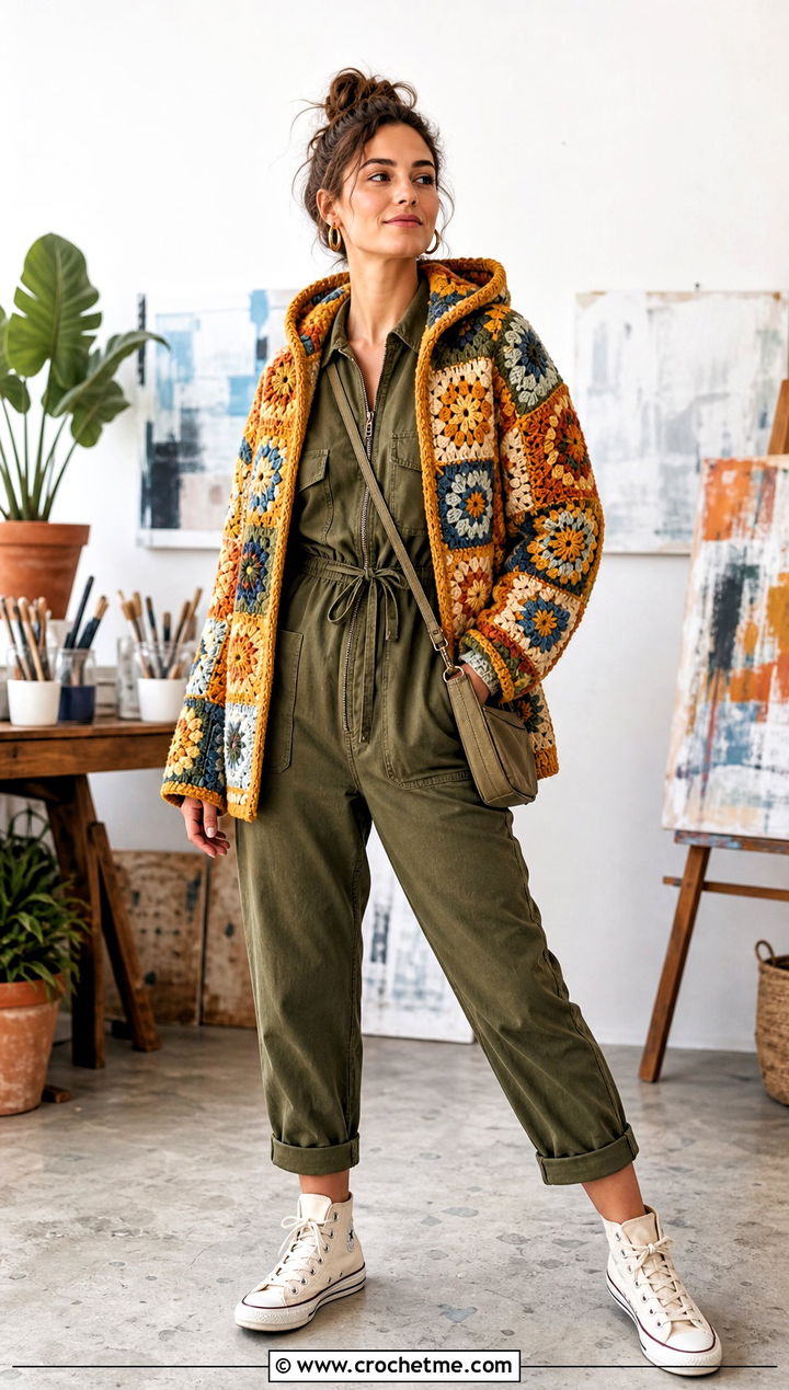 Patchwork Granny Square Hooded Jacket With Utility Jumpsuit - 25 Granny Square Hooded Jacket outfit ideas
