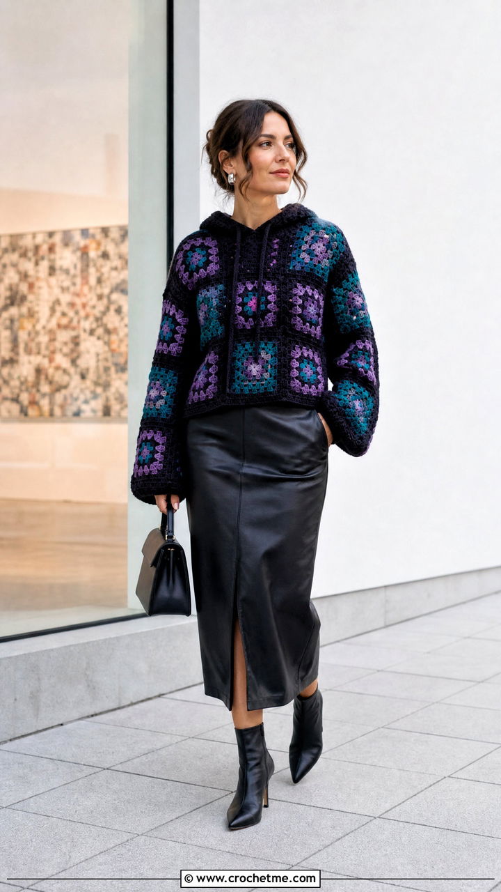 Patchwork Granny Square Hoodie With Leather Midi Skirt - 35 granny square hoodie outfit ideas