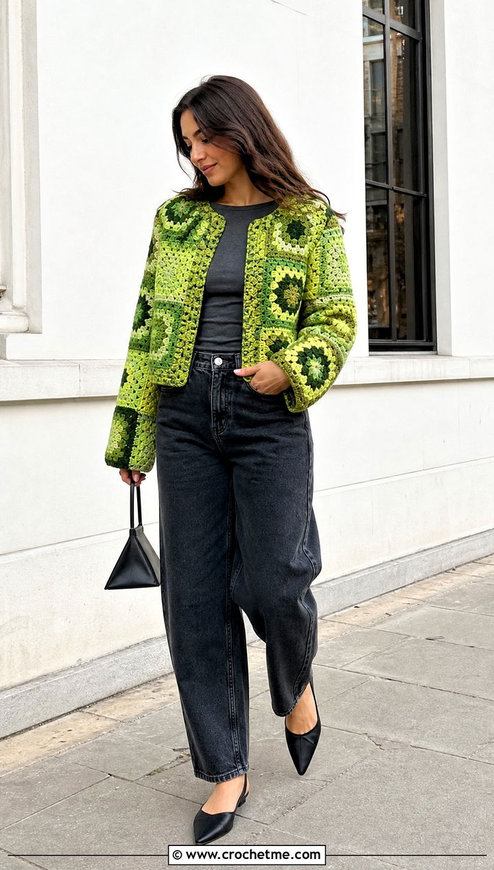 Patchwork Granny Square Jacket With Barrel Jeans - 30 crochet granny square jacket outfit ideas