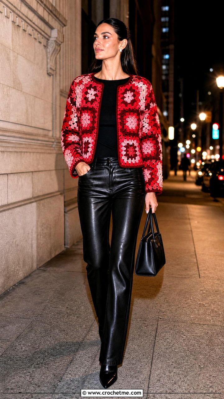 Patchwork Granny Square Jacket With Leather Pants - 35 granny square jacket outfit ideas