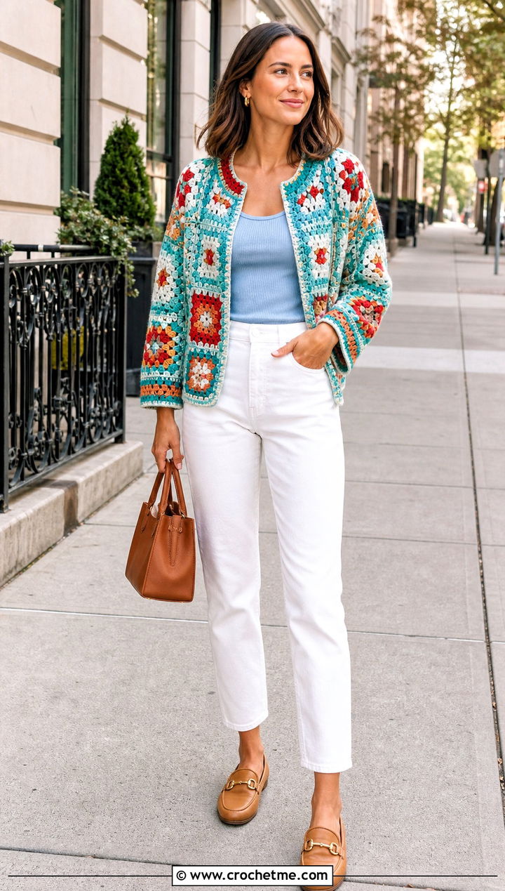 Patchwork Granny Square Jacket With White Jeans - 30 granny square jackets outfit ideas