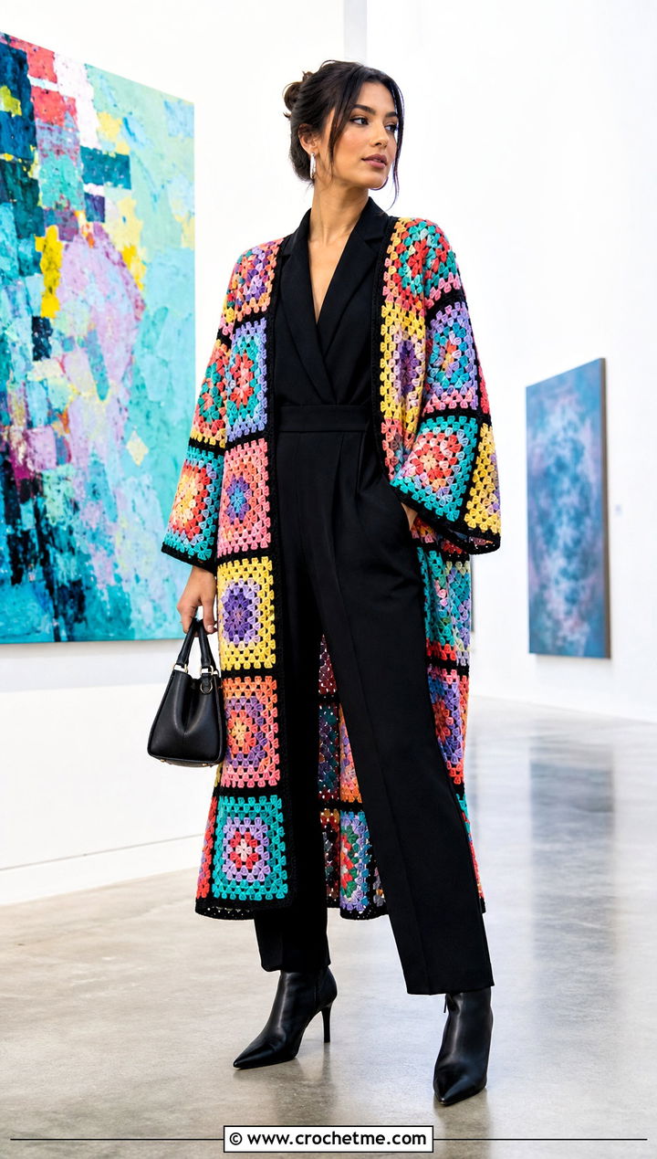 Patchwork Granny Square Kimono With Black Jumpsuit - 30 granny square kimono outfit ideas