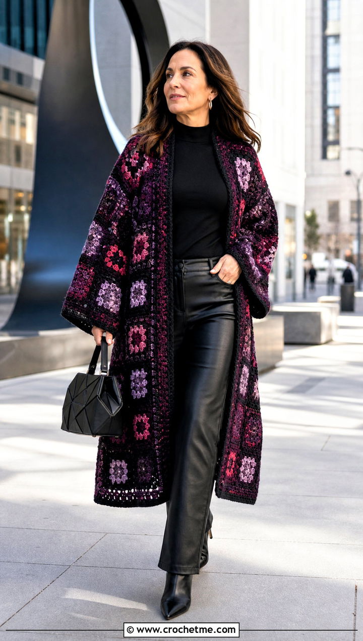 Patchwork Granny Square Kimono With Leather Pants - 15 crochet granny square kimono outfit ideas