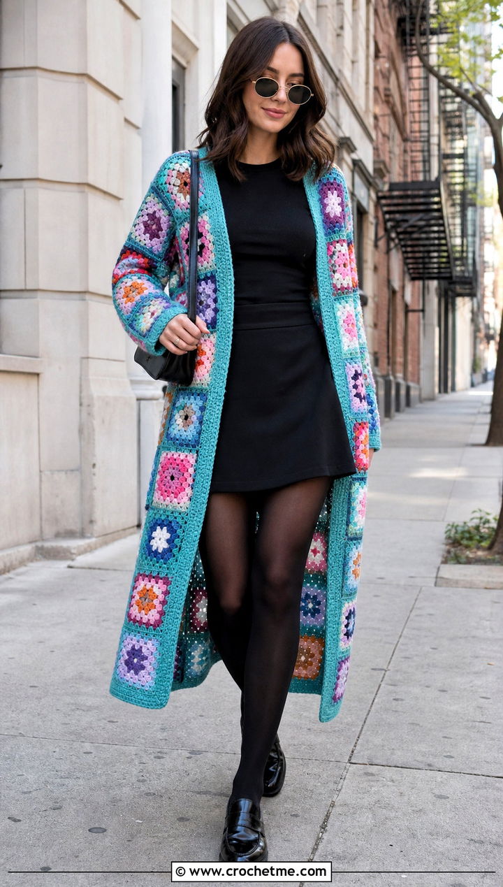 Patchwork Granny Square Long Cardigan With Mini Skirt - 25 granny square long cardigan outfit ideas