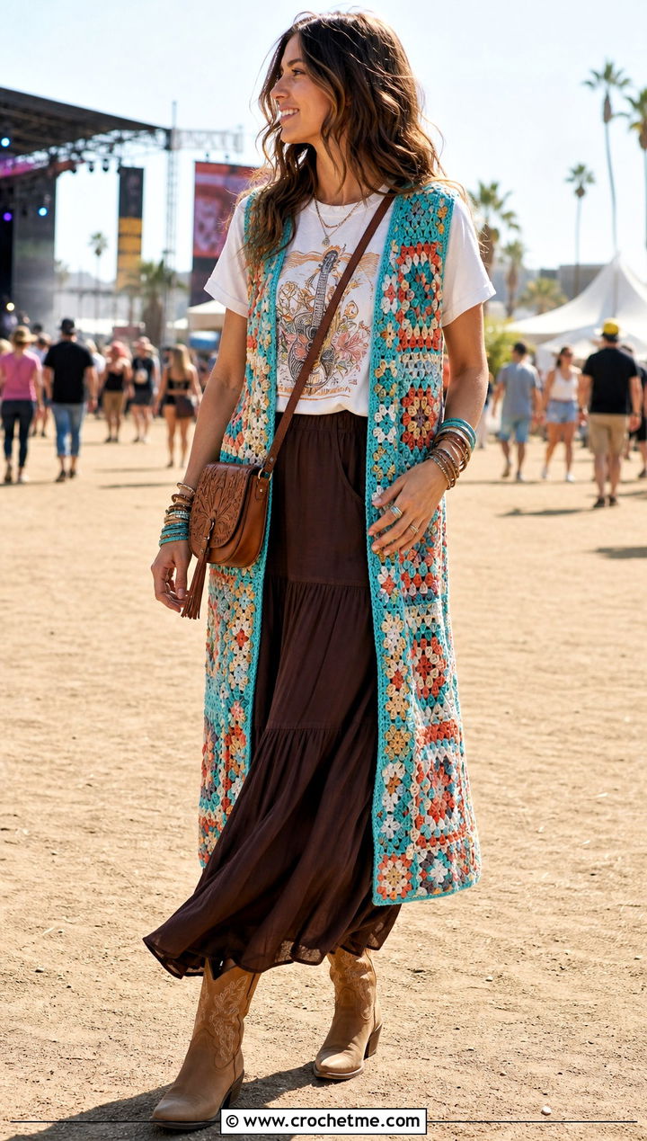 Patchwork Granny Square Long Vest With Graphic Tee And Maxi Skirt - 20 Granny Square Long Vest outfit ideas