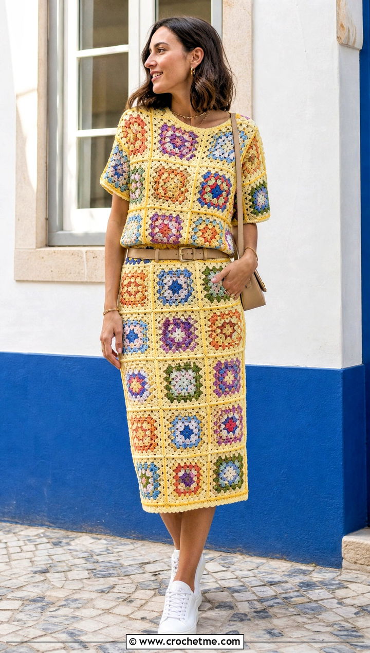Patchwork Granny Square Matching Set With White Sneakers - 35 Granny Square Outfit ideas
