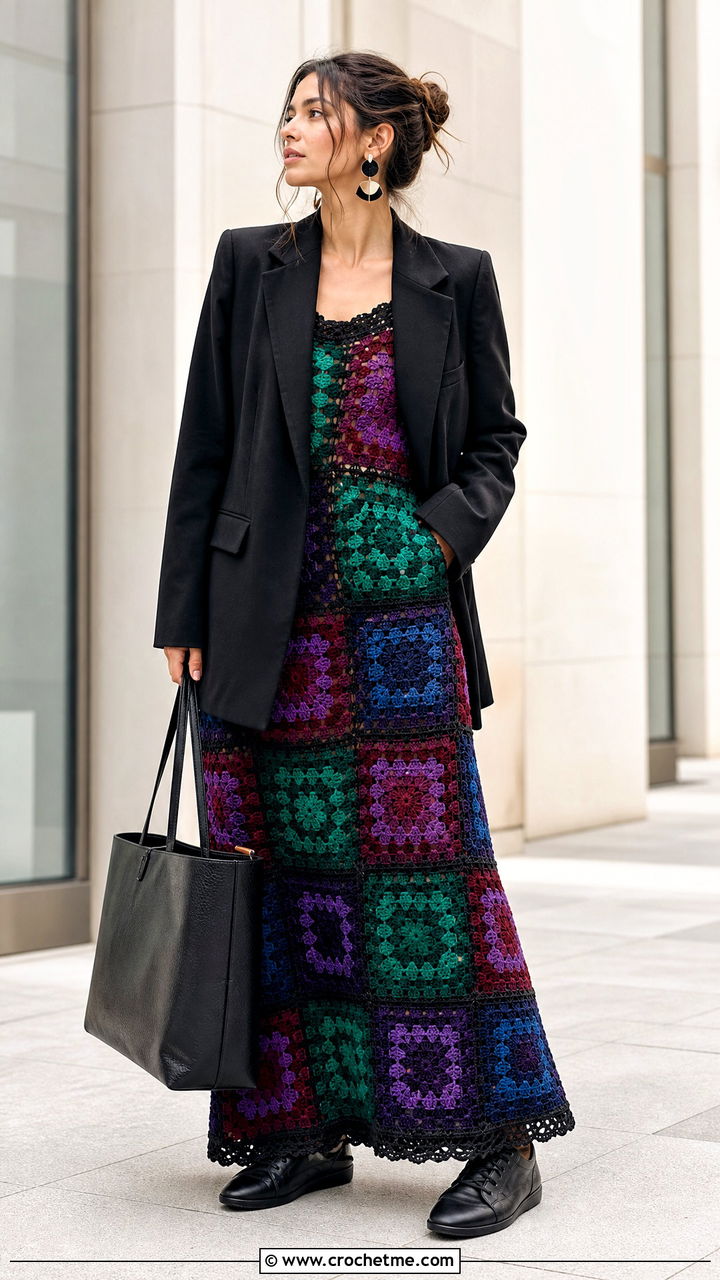 Patchwork Granny Square Maxi Dress With Blazer And Sneakers - 35 granny square dress outfit ideas