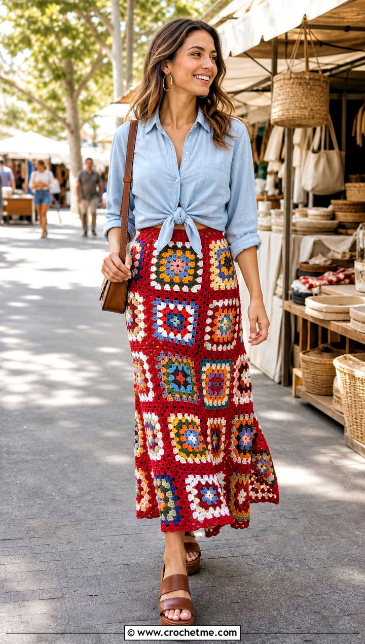 Patchwork Granny Square Maxi Skirt With Denim Shirt - 35 Granny Square Outfit ideas