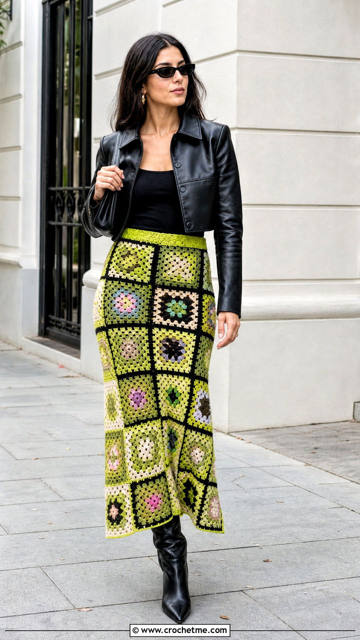 Patchwork Granny Square Maxi Skirt With Leather Jacket - 35 crochet granny skirt outfit ideas