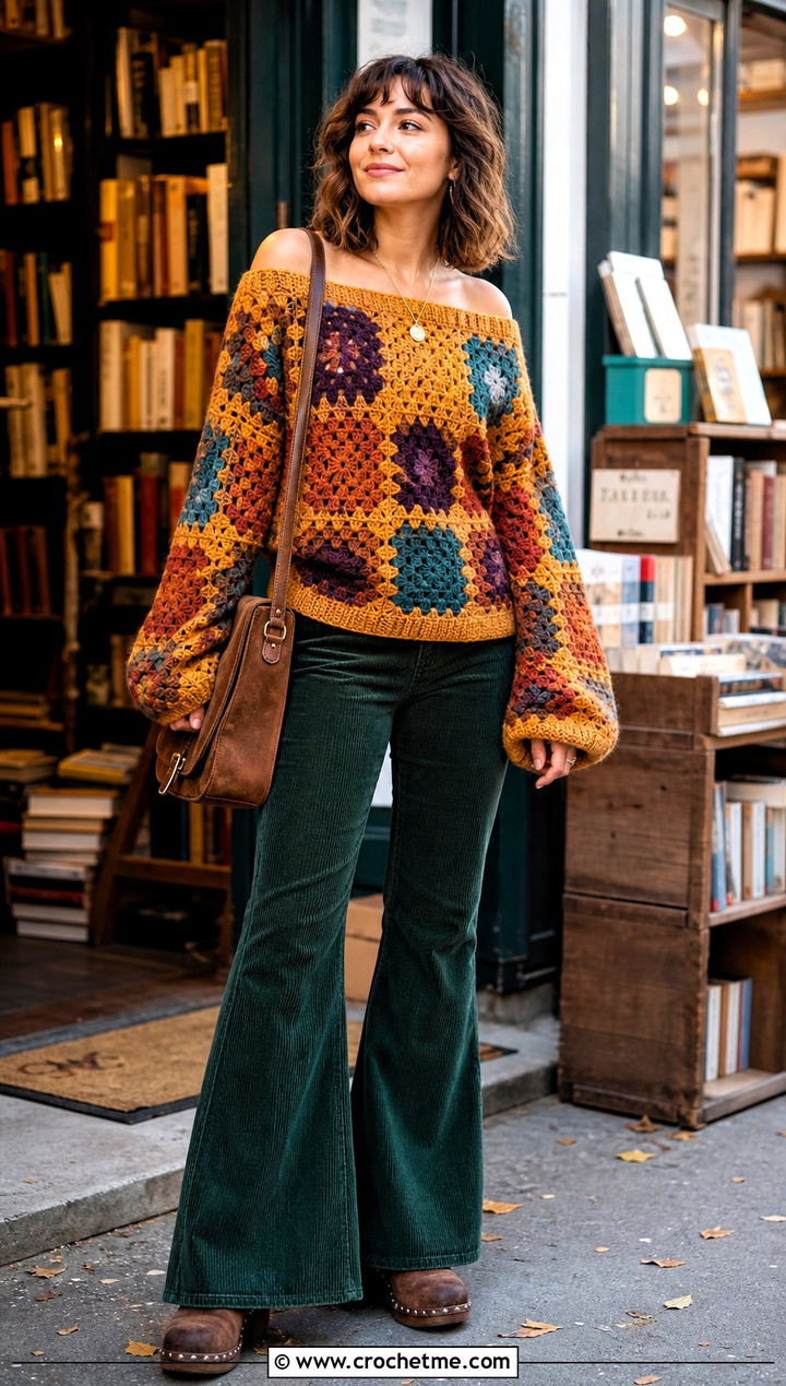 Patchwork Granny Square Off The Shoulder Sweater With Corduroy Pants - 20 granny square off the shoulder sweater outfit ideas