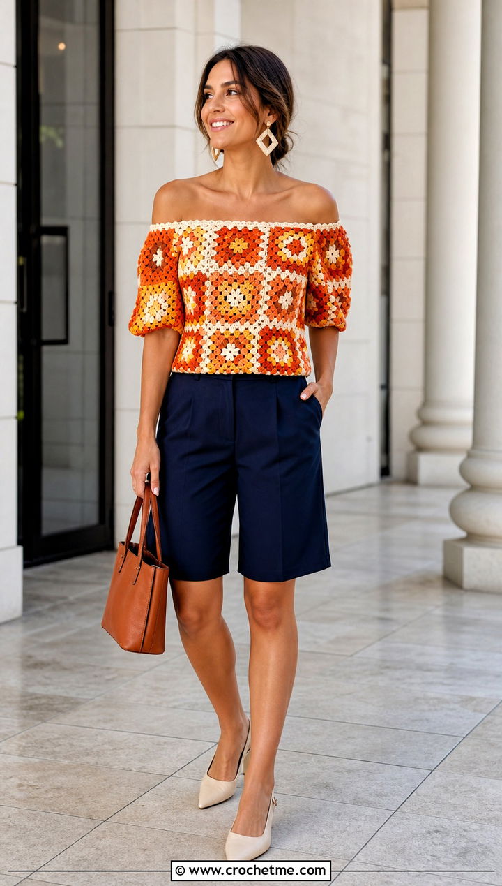 Patchwork Granny Square Off The Shoulder Top With Tailored Bermuda Shorts - 25 Granny Square Off The Shoulder Top outfit ideas