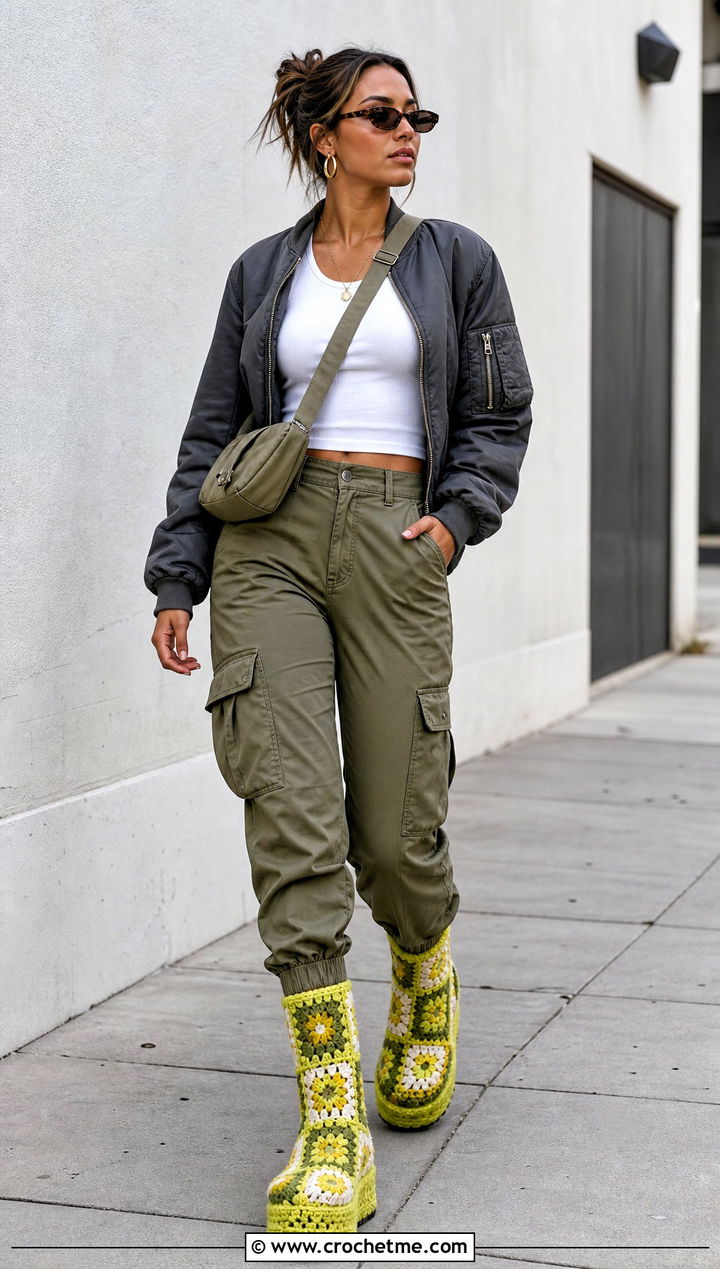 Patchwork Granny Square Platform Boots With Cargo Pants - 25 granny square boots outfit ideas