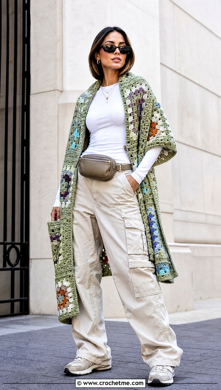 Patchwork Granny Square Pocket Shawl With Cargo Pants - 20 Granny Square Pocket Shawl outfit ideas
