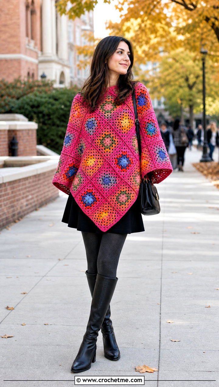 Patchwork Granny Square Poncho With Mini Skirt And Tights - 25 Granny Squares Poncho outfit ideas