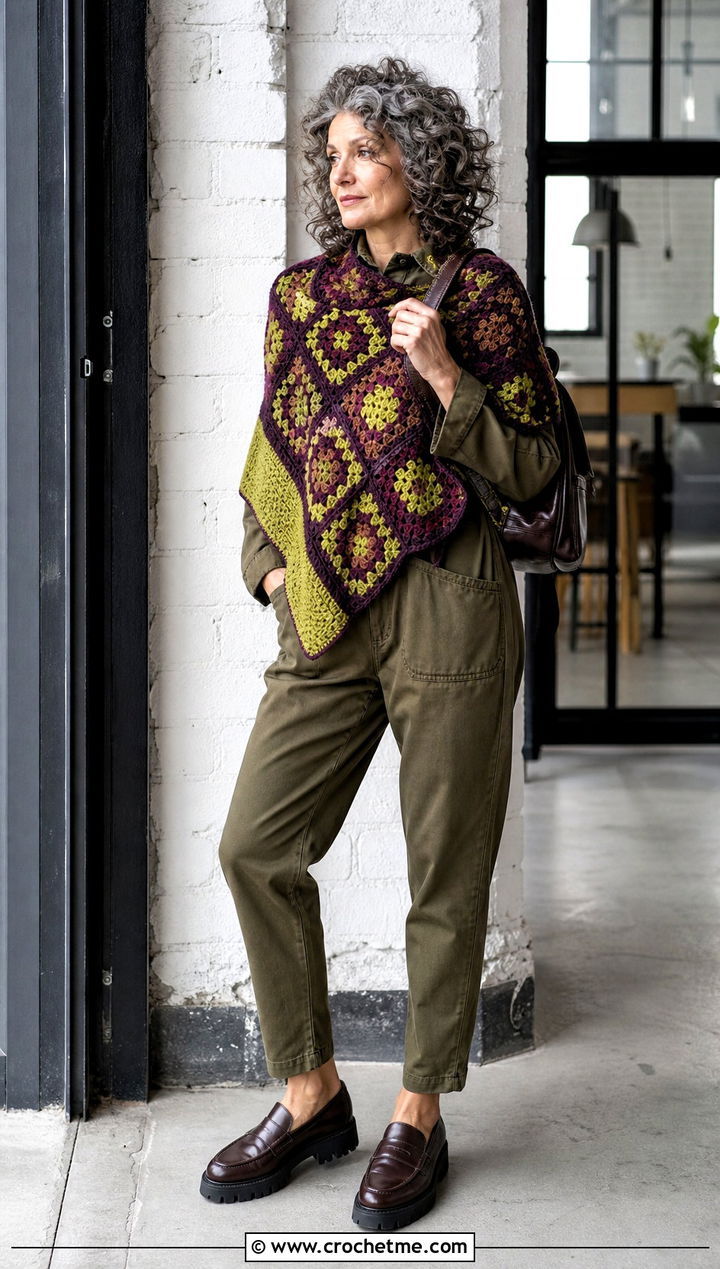 Patchwork Granny Square Poncho With Utility Jumpsuit - 35 granny square poncho outfit ideas