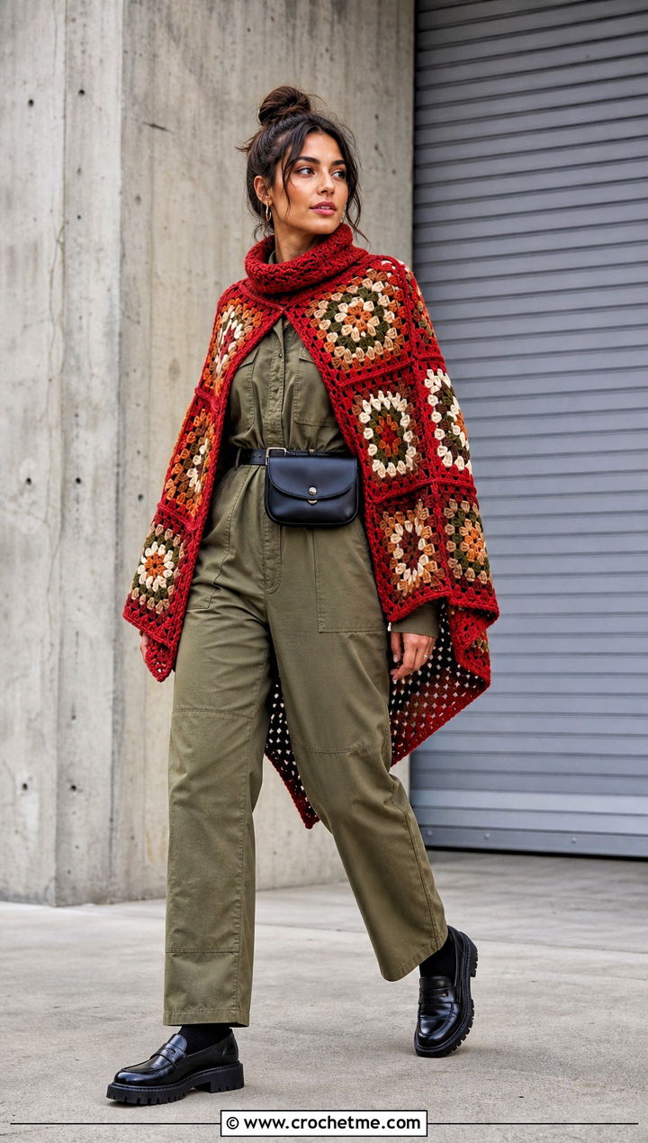 Patchwork Granny Square Poncho With Utility Jumpsuit - 15 easy granny square poncho outfit ideas