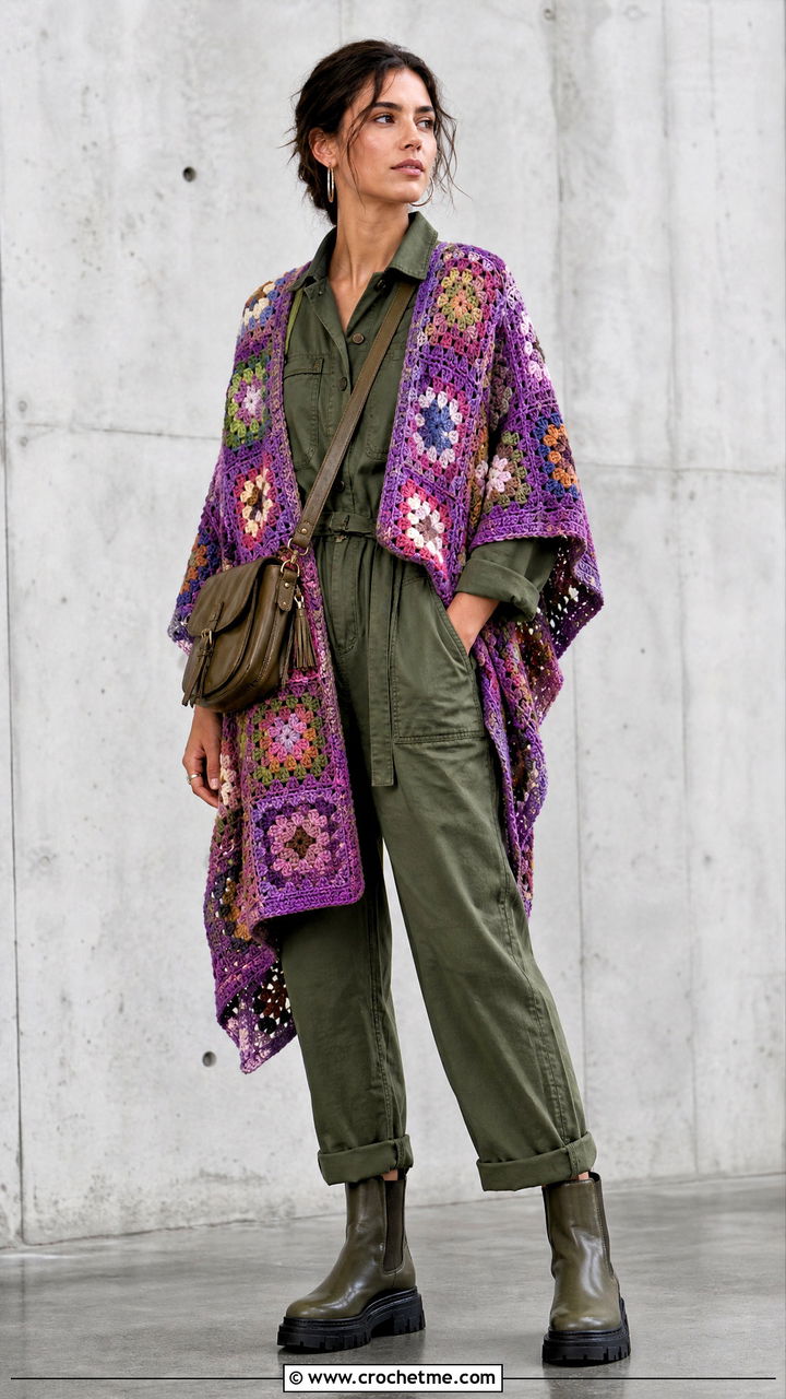 Patchwork Granny Square Poncho With Utility Jumpsuit - 35 crochet granny square poncho outfit ideas