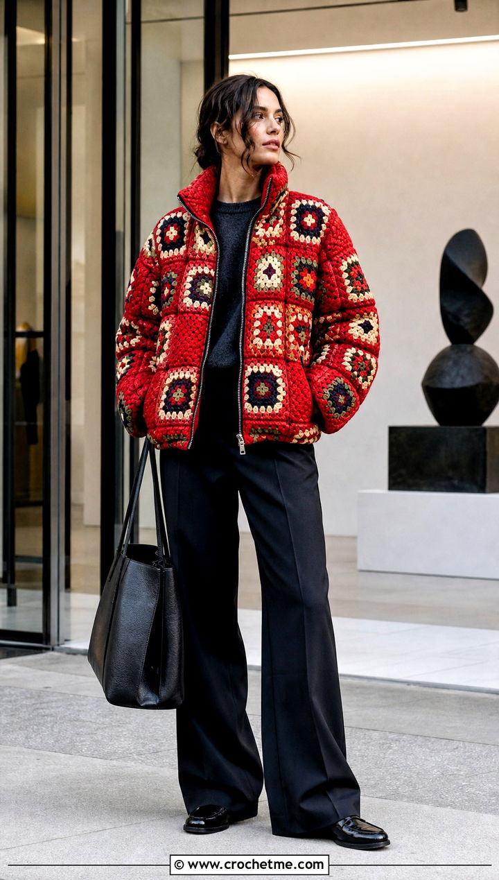 Patchwork Granny Square Puffer Jacket With Wide Leg Trousers - 15 granny square puffer jacket outfit ideas