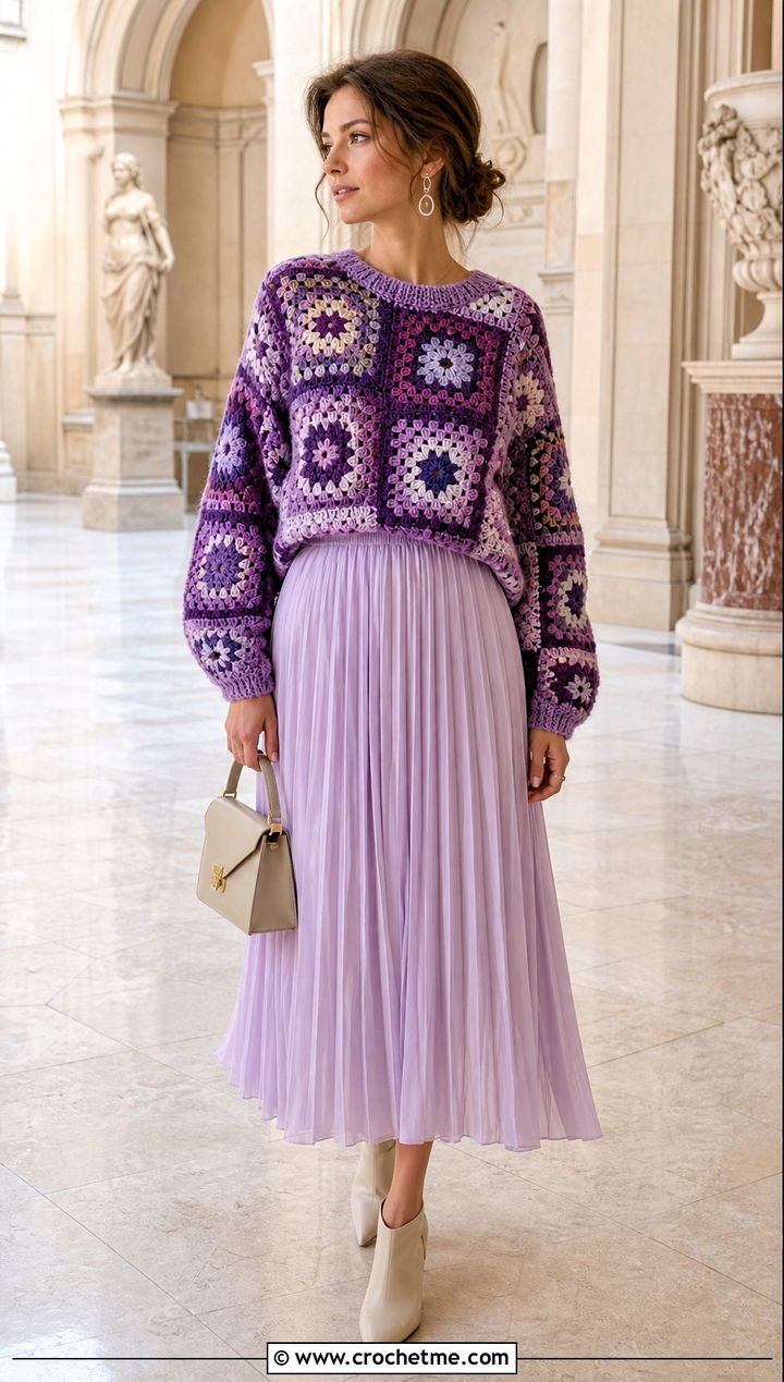 Patchwork Granny Square Pullover Sweater With Pleated Skirt - 25 crochet granny square pullover sweater outfit ideas