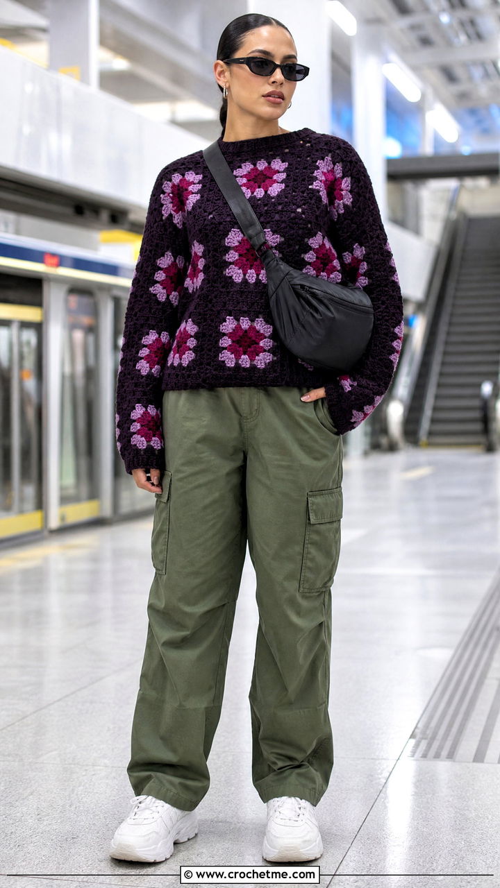 Patchwork Granny Square Pullover With Cargo Pants - 35 crochet granny square pullover outfit ideas