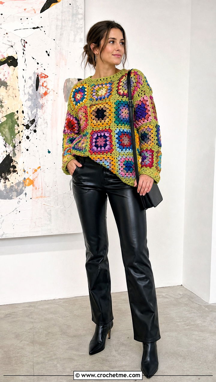 Patchwork Granny Square Rainbow Crochet Sweater With Leather Pants - 20 Rainbow Crochet Sweater outfit ideas
