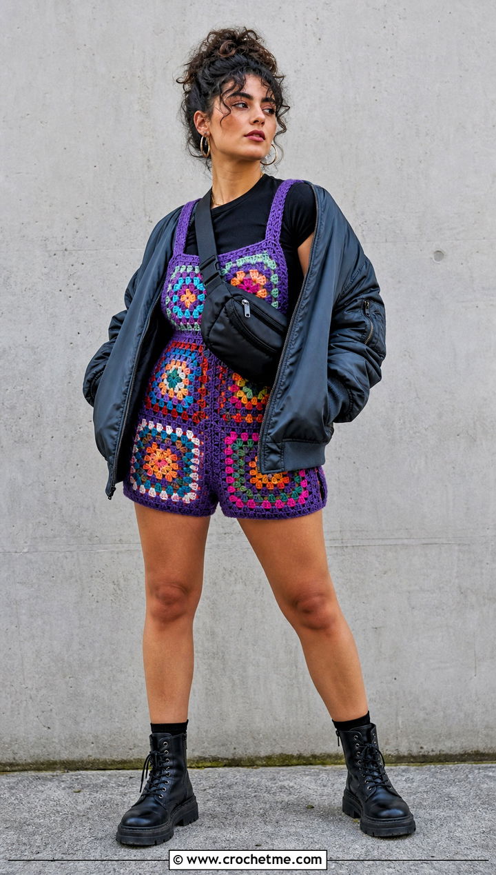 Patchwork Granny Square Romper With Combat Boots - 30 crochet granny square romper outfit ideas