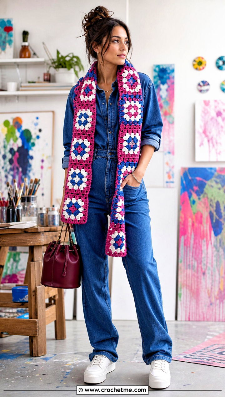 Patchwork Granny Square Scarf With Denim Jumpsuit - 25 granny square scarves outfit ideas