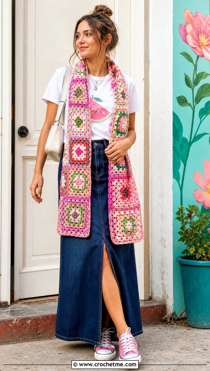 Patchwork Granny Square Scarf With Graphic T Shirt And Denim Maxi Skirt - 35 granny square crochet scarf outfit ideas