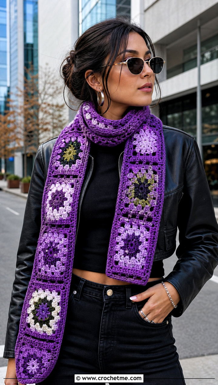 Patchwork Granny Square Scarf With Leather Jacket And Black Jeans - 30 crochet scarf squares outfit ideas
