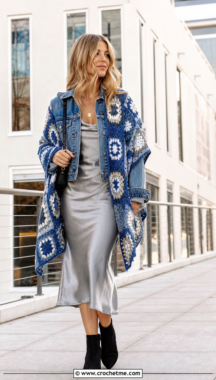 Patchwork Granny Square Shawl With Denim Jacket And Slip Dress - 35 granny square shawl outfit ideas