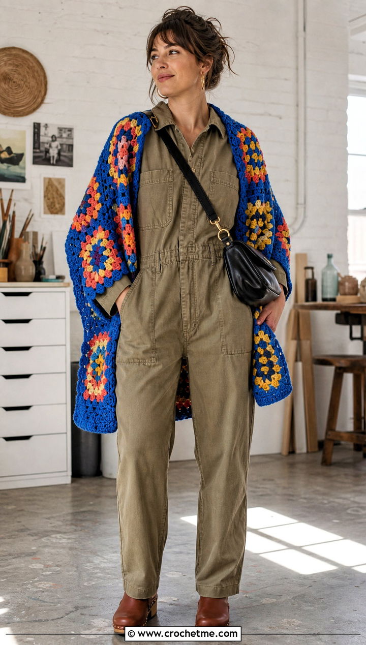 Patchwork Granny Square Shawl With Utility Jumpsuit - 30 boho crochet shawl outfit ideas