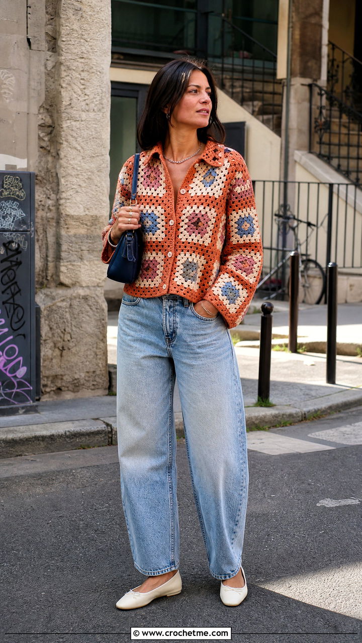 Patchwork Granny Square Shirt With Barrel Jeans - 35 granny square shirt outfit ideas