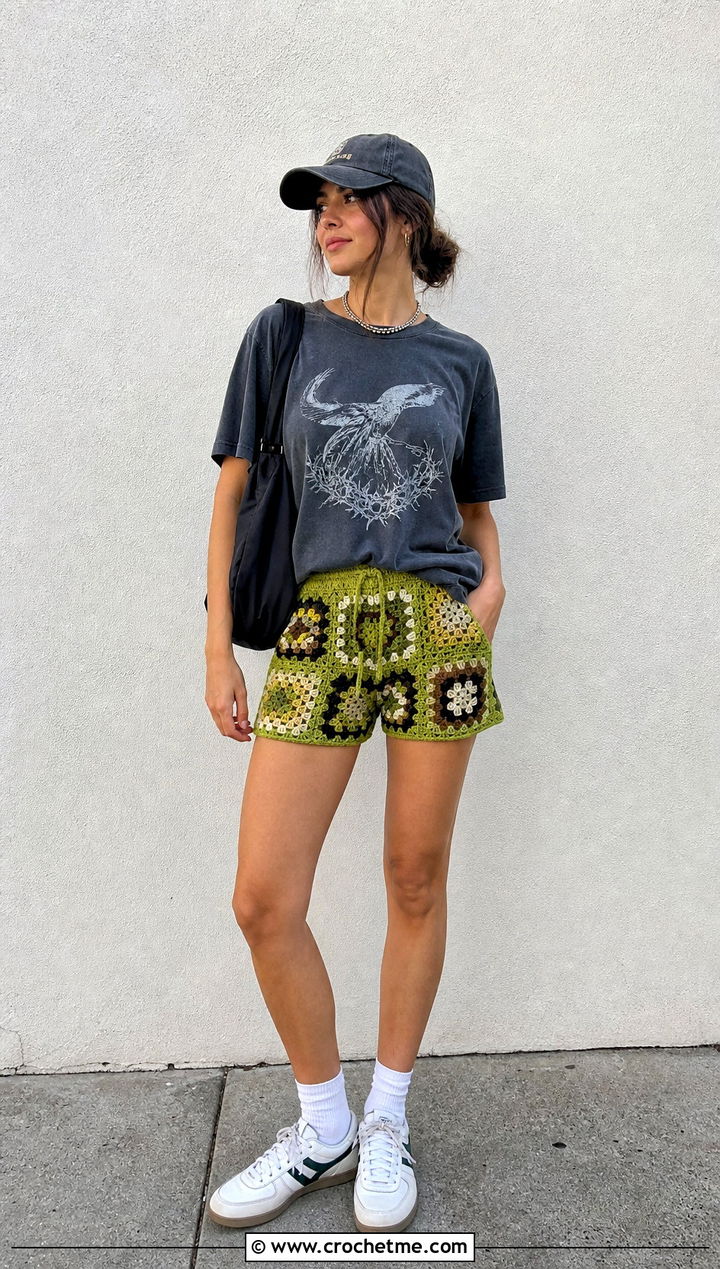 Patchwork Granny Square Shorts With Graphic T Shirt - 35 granny square shorts outfit ideas