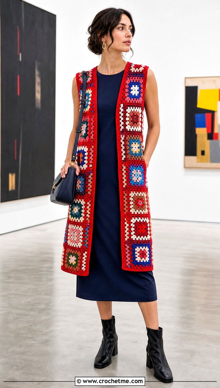 Patchwork Granny Square Sleeveless Cardigan With Column Dress - 30 granny square sleeveless cardigan outfit ideas