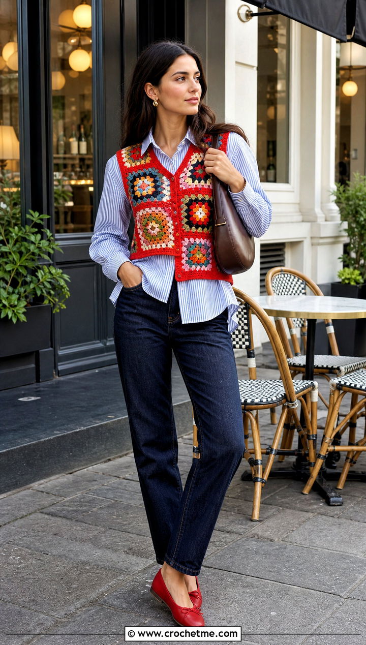 Patchwork Granny Square Sleeveless Vest With Striped Shirt - 20 Granny Square Sleeveless Vest outfit ideas