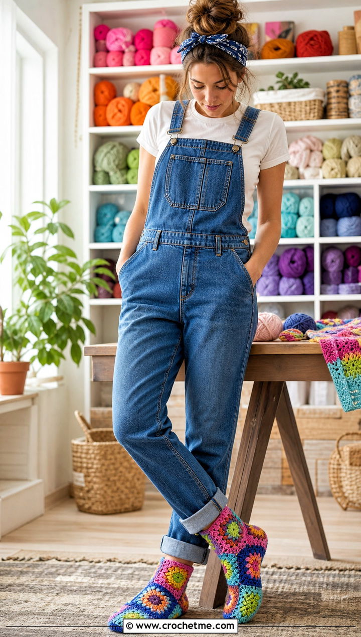 Patchwork Granny Square Slipper Socks With Denim Overalls - 15 Granny Square Slipper Socks outfit ideas