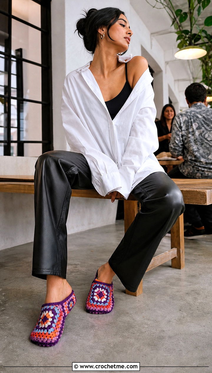 Patchwork Granny Square Slippers With Faux Leather Pants - 15 Crochet Granny Square Slipper outfit ideas