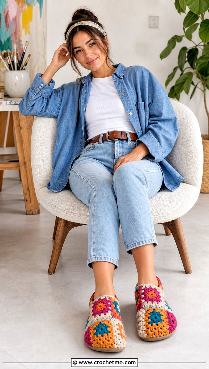 Patchwork Granny Square Slippers With Jeans - 20 Easy Granny Square Crochet Slippers outfit ideas