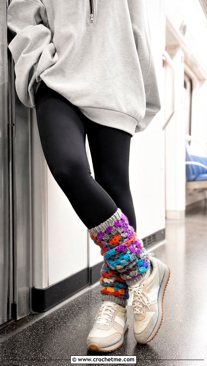 Patchwork Granny Square Slouch Socks With Leggings And Retro Sneakers - 35 crochet granny square socks outfit ideas