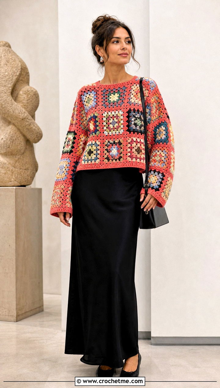 Patchwork Granny Square Stitch Sweater With Black Maxi Skirt - 25 granny square stitch sweater outfit ideas