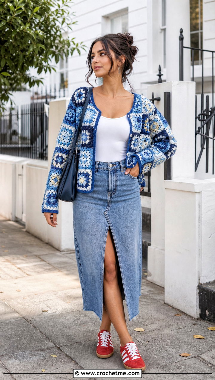 Patchwork Granny Square Summer Cardigan With Denim Midi Skirt - 30 granny square summer cardigan outfit ideas