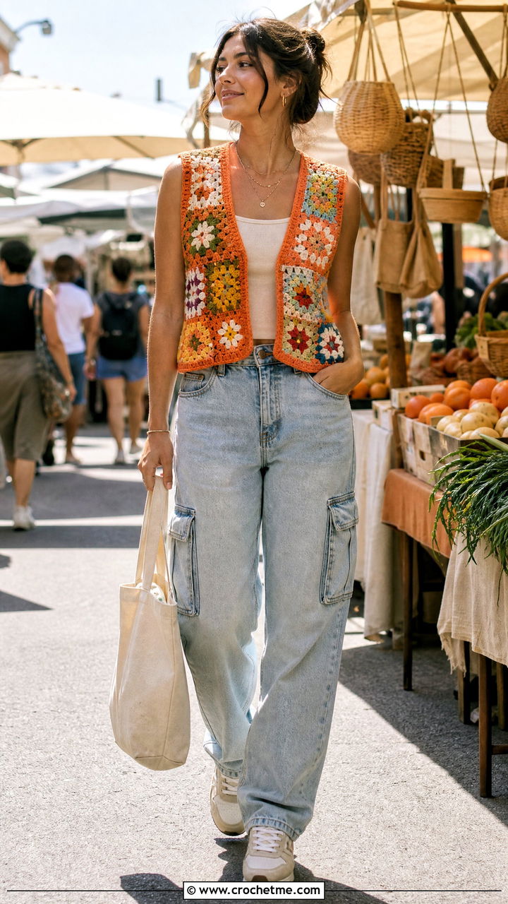 Patchwork Granny Square Sweater Vest With Cargo Jeans - 35 granny square sweater vest outfit ideas