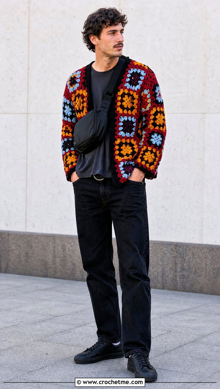 Patchwork Granny Square Sweater With Black Jeans - 25 Crochet Granny Square Sweater For Men outfit ideas